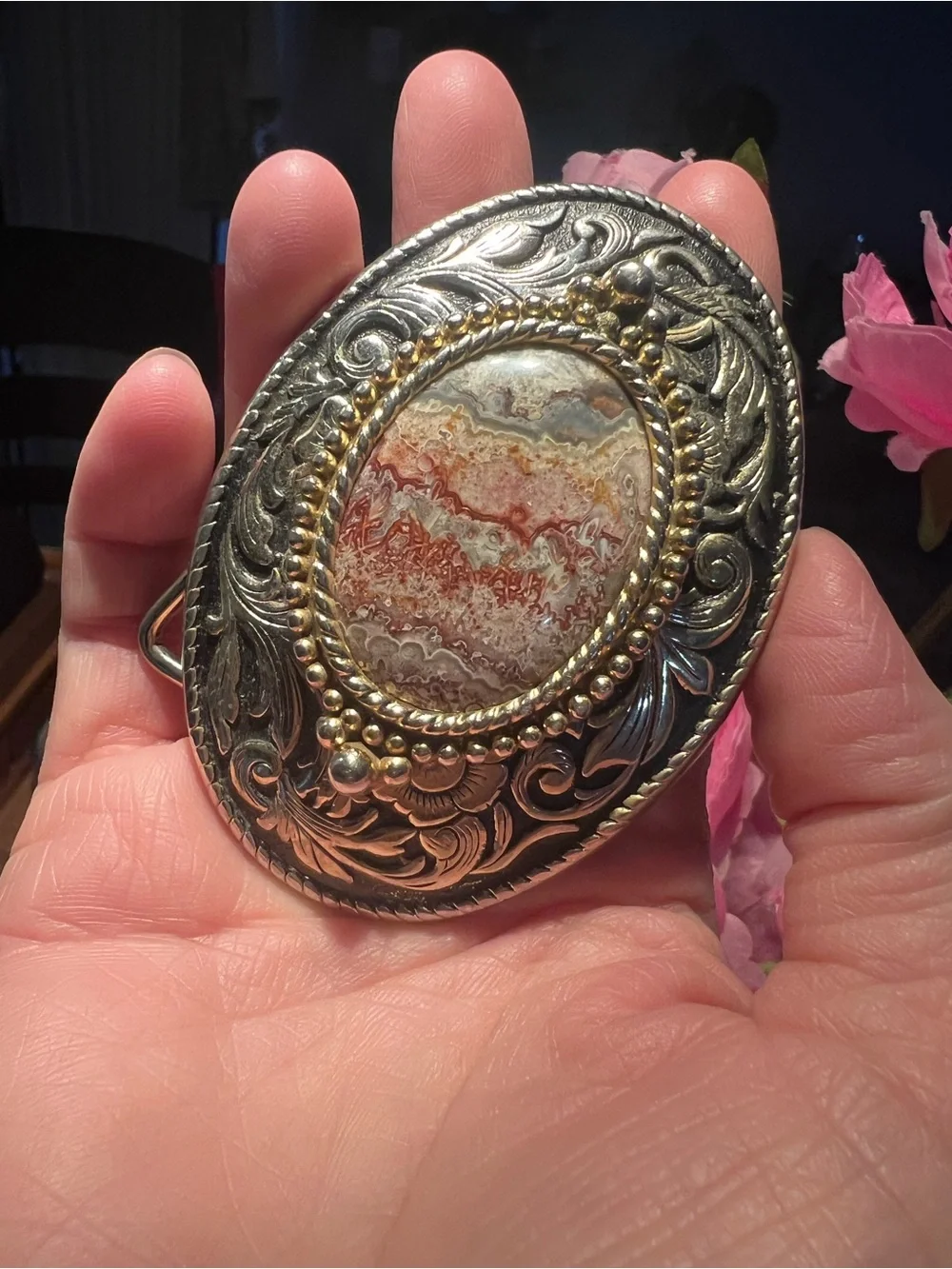 Handcrafted Silver-Tone Agate Statement Buckle — Earthtones